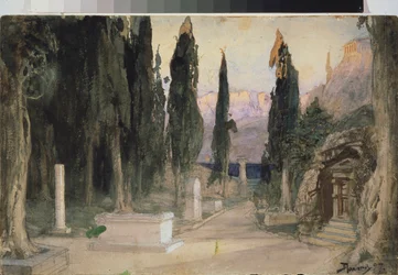 Decoração preparatória para a ópera ""Orfeu e Eurídice"" de Christoph Willibald Gluck (1714-1787) - Cenário para a ópera Orfeo ed Euridice de Ch Gluck - Obra de Vasili Dmitrievich Polenov (1844-1927), aquarela sobre papelão