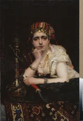 Uma odalisca. (Retrato de uma mulher de harém, com um olhar melancólico, segurando um narguilé). Pintura de Vasili Dmitrievich Polenov (1844-1927), óleo sobre tela. Arte russa do século XIX, orientalismo. Museu Nacional de Arte da República Bielorrussa, Mi