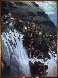 Campanha italiana (1799-1800): a marcha de Alexander Suvorov (Suwarow ou Souwarow Rimniski ou Rimnitskoi) (1729-1800) e tropas russas pelos Alpes em 1799 - Marcha de Suvorov pelos Alpes em 1799 - Pintura de Vasily Ivanovich Surikov