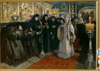 A Grã-Duquesa visitando um convento (Tsarevna visitou um convento). Pintura de Vasilli Ivanovich Surikov (Vasily Surikov ou Vassili Surikow) (1848-1916), óleo sobre tela