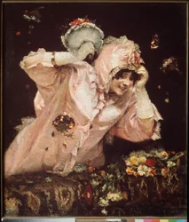 Cena de Carnaval em Roma (Itália) (Uma jovem mulher inclinada sobre uma varanda, recebendo e atirando buquês de flores) - Cena de Carnaval em Roma - Pintura de Vasilli Ivanovich Surikov (Vasily Surikov ou Vassili Surikow) (1848-1916), óleo sobre tela