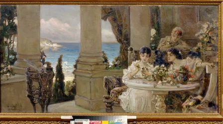 Sur la terrasse - Peinture de Vassili (Vasili, Vasilii, Wilhelm) Alexandrovich Kotarbinsky (Kotarbinski, Kotarbinskii) (1849-1921), huile sur toile - No terraço, Óleo sobre tela por Vasilii Alexandrovich Kotarbinsky - Museu Regional de Arte, Kirovohrad