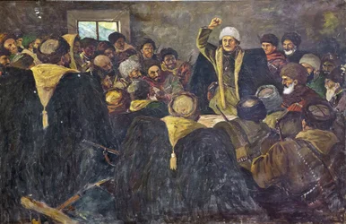 Grigory Konstantinovitch Ordjonikidze (1886-1937) - Sergo Ordzhonikidze no Norte do Cáucaso par Krotkov, Vasily Anfimovich (1880-1939). Óleo sobre tela, tamanho : 100x150