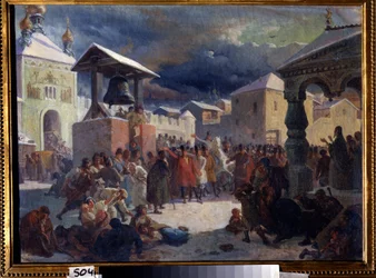 A veche (assembléia popular medieval dos países eslavos) na república de Novgorod (A veche na república de Novgorod). Pintura de Vasili Grigorievich Khudyakov (1826-1871). Óleo sobre tela