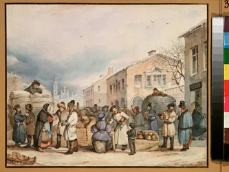 The Hay market Place in Saint Petersburg - Obra de Vasili Ivanovich Shternberg (1818-1845), aguarela sobre papel