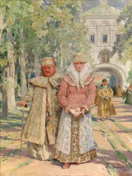 Fora da Porta do Mosteiro - Pintura de Vasily Ivanovich Navozov (1862-1919), óleo sobre tela (49x41,5 cm)