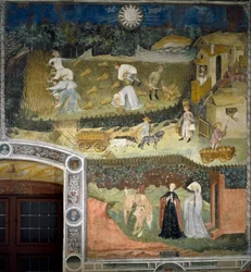 Agosto: Colheita em um campo de trigo. O trigo é colhido, fardos e transportado em carroças. Um monge lê orações em uma capela. Em frente de senhoras com falcões e um falcoeiro. Pintura pelo Mestre dos Meses ou Mestre Wenceslas (Maestro dei Mesi ou Maestro