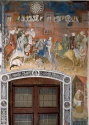 Mês de Fevereiro: torneio de cavaleiros com espectadores. Pintura do Mestre dos Meses ou Mestre Wenceslas (Maestro dei Mesi ou Maestro Wenceslao em italiano, início do século XV) restaurado por Marcello Fogolino por volta de 1535. Fresco. Trento,