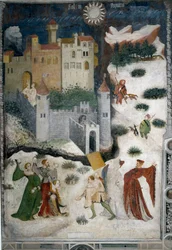 Mês de Janeiro: paisagem de neve com aristocratas e caçadores. Os aristocratas jogam bolas de neve enquanto os caçadores vão caçar com os seus cães. No fundo o castelo do Castello di Stenico e um homem com a chave está pronto para abrir a porta da fortalez