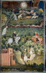 Setembro: Caça ao Falcão e arado do campo. Cena agrícola com carroça puxada por bois e ferramentas agrícolas. Pintura pelo Mestre dos Meses ou Mestre Wenceslas (Maestro dei Mesi ou Maestro Wenceslao em italiano, início do século XV) resto