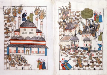 Um incêndio em Constantinopla, em 1660. Miniatura de "Turkish Memorials" (códice Cicogna 1971 "Memorie Turchesche") Aguarela da escola veneziana do século XVII.