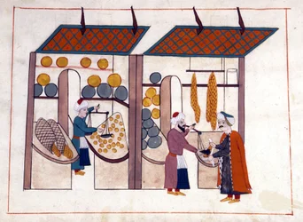 Um mercador de frutas e legumes (quatro estações) em Constantinopla, Turquia sob o Império Otomano. Miniatura de "Turkish Memorials" (codex Cicogna 1971 "Memorie Turchesche") Aguarela da escola veneziana do século XVII.