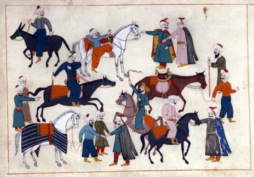 Um mercado de cavalos na Turquia sob o Império Otomano. Miniatura de "Turkish Memorials" (codex Cicogna 1971 "Memorie Turchesche") Aguarela da escola veneziana do século XVII.
