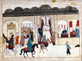 Uma marcha de Constantinopla. Miniatura de "Turkish Memorials" (códice Cicogna 1971 "Memorie Turchesche") Aguarela da escola veneziana do século XVII.