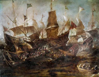 Batalha entre as frotas veneziana e turca Pintura da escola veneziana. Século XVII. Istambul, Museu Naval