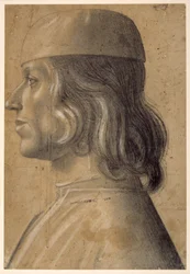 Retrato em tamanho de busto de um homem de perfil à esquerda, usando um boné