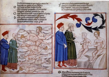 Dante e Virgílio em conversa com Grifolino de Arezzo e Capocchio de Siena. Século XIV (miniatura)