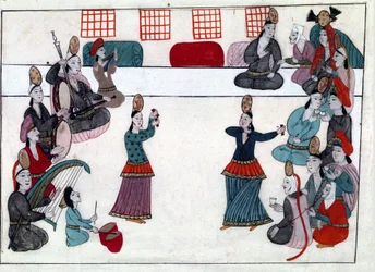 Músicos e dançarinos sob o Império Otomano. Miniatura de "Turkish Memorials" (códice Cicogna 1971 "Memorie Turchesche") Aguarela da escola veneziana do século XVII.