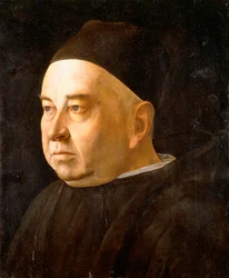 Retrato de um clérigo, busto, com casaco e barrete pretos, c. 1490
