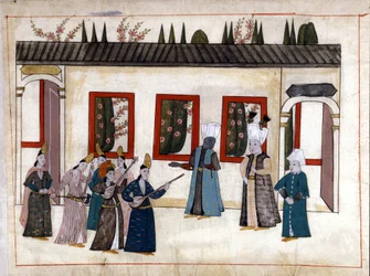 O Sultão visita o favorito com a mãe e chefe dos Eunucos. Miniatura de "Turkish Memorials" (codex Cicogna 1971 "Memorie Turchesche") Aguarela da escola veneziana do século XVII.