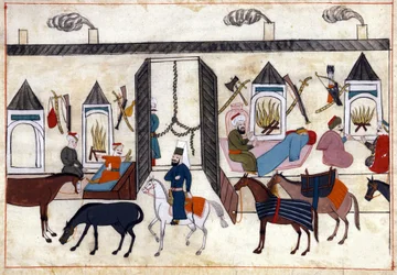 Vista do interior de uma caravana na Turquia sob o Império Otomano. Miniatura de "Turkish Memorials" (codex Cicogna 1971 "Memorie Turchesche") Aguarela da escola veneziana do século XVII.