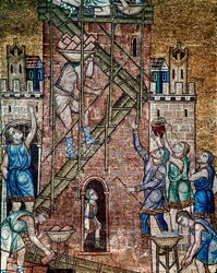 Arquitectura bizantina: «A construção da Torre de Babel». No local da obra, os pedreiros, subidos nos andaimes, assentam as pedras da torre. Mosaico realizado por artistas venezianos, século XIII, Basílica de São Marcos, Veneza