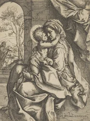 A Virgem sentada com o Menino Jesus no colo abraçando-a, José viu o..., ca. 1600-1613.