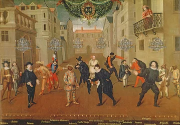 Comediantes italianos e franceses tocando em farsas, 1670