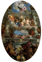 «O triunfo de Veneza» - Personificação da cidade de Veneza, rodeada pela Paz, pela Abundância, pela Fama, pela Felicidade, pela Honra, pela Segurança e pela Liberdade. Pintura de Paolo Caliari, dito Paolo Veronese