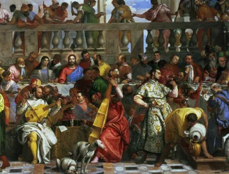 A festa do casamento em Caná, detalhe de músicos e cães, c.1562 óleo sobre tela detalhe de 94932