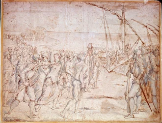 Deportação dos Morisques da Espanha (muçulmanos de Espanha convertidos à força ao catolicismo) após a assinatura por Filipe III de Espanha de um tratado em 22/09/1609. Desenho de Vincencio Carducho (1576-1638)