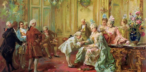 Wolfang Amadeus Mozart (1756-1791) na Madame (Marquise) de Pompadour (família de Mozart, durante a turnê européia) (1763-1766) - Arte acadêmica: A apresentação do jovem Mozart a Madame de Pompadour em Versalhes em 1763 por Paredes, Vicente Gar