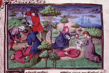 Cena de assassínio de dois homens cujos assassinos lhes cortam as cabeças. Página de um manuscrito francês do «Decameron» de Giovanni Boccaccio, dito Jean Boccace (1313-1375), escritor italiano, iluminado pelo Mestre de Mansel. 1450, Paris, Biblioteca do