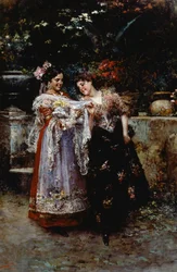 Linda renda (Duas mulheres com recém-nascido), de Vincenzo Irolli (1860-1949), óleo sobre tela
