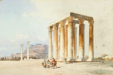 Templo de Zeus com Acrópole, Parthenon, Atenas (aguarela e cor de corpo)
