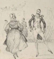 Um soldado e uma mulher dançando, meados do século XIX.