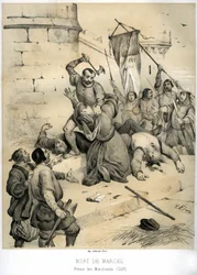 Assassinato de Étienne Marcel, rico comerciante de panos e prévôt dos mercadores (1316-1358), pelo échevin Jean Maillart, um dos líderes do partido realista, em julho de 1358. Gravura de Victor Adam (1801-1866) no livro “França na Idade Média”, publicado