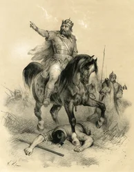 Átila (c. 395-453), o único líder dos Hunos em 445, devastou os impérios do Oriente e do Ocidente - Invasões bárbaras - Gravura de Victor Adam (1801-1866) no livro «França na Idade Média», publicado pelos irmãos Ardant em meados do