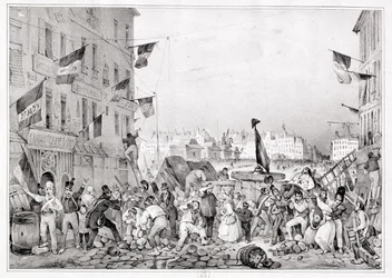 Barricada na Rue Dauphine, 29 de julho de 1830, gravada por H. Delaporte