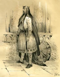 Clódio, o Cabeludo, chefe dos Francos Sálios desde cerca de 428 até à sua morte em 447, provável antepassado dos Merovíngios. Gravura de Victor Adam (1801-1866) no livro «França na Idade Média», publicado pelos irmãos Ardant em meados do 1