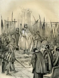 Coroação de Hugo Capeto (941-996) em Noyon, em 987. Esta coroação marcou o início da dinastia dos Capetianos, reis de França que recuperaram, por sucessão direta ou indireta, durante 8 anos. Gravura de Victor Adam (1801-1866) no livro «França no