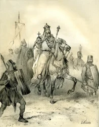 O imperador Carlos Magno, ostentando os emblemas do poder, cavalga à frente das suas tropas de soldados com armadura. Gravura de Victor Adam (1801-1866) no livro "A França na Idade Média", publicado pelos irmãos Ardant em meados do século XIX.