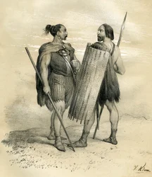 Guerreiros francos e sicambres por volta do ano 254. Os Sicambres eram um povo germânico a sul do Lippe, subordinado pelos romanos no século VIII e depois integrado no povo franco. Gravura de Victor Adam (1801-1866) no livro "France in t