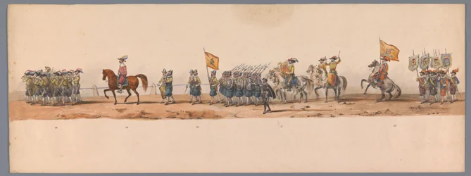Procissão histórica no segundo centenário da Universidade de Ciências Aplicadas de Utrecht, 1836 (placa 7) Aproximação dos exércitos holandeses a Ostende, 3 de julho de 1600, um dia após a vitória em Nieuwpoort; de acordo com a representação fantasiada dad
