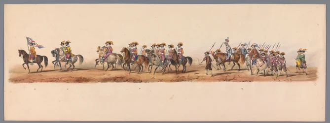 Procissão histórica no segundo centenário da Universidade de Ciências Aplicadas de Utrecht, 1836 (placa 5) Aproximação dos exércitos holandeses a Ostende, 3 de julho de 1600, um dia após a vitória em Nieuwpoort; de acordo com a representação fantasiada dad