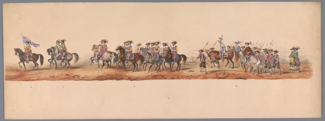 Procissão histórica no segundo centenário da Universidade de Ciências Aplicadas de Utrecht, 1836 (placa 5) Aproximação dos exércitos holandeses a Ostende, 3 de julho de 1600, um dia após a vitória em Nieuwpoort; de acordo com a representação fantasiada dad