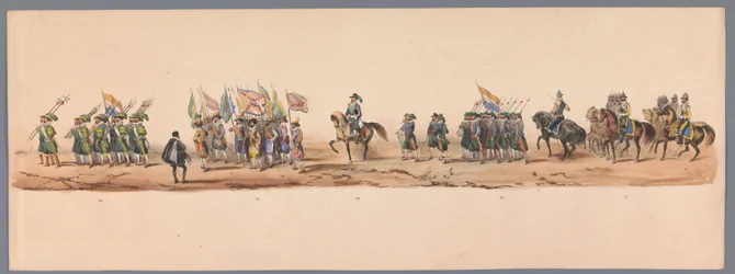 Concurso histórico no segundo centenário da Universidade de Utrecht, 1836 (placa 9)
Procissão do exército holandês a Ostende, a 3 de Julho de 1600, no dia seguinte à vitória em Nieuwpoort; de acordo com a representação fantasiada, dada por H H H Student