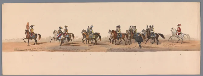 Procissão histórica no segundo centenário da Universidade de Ciências Aplicadas de Utrecht, 1836 (placa 2) Aproximação dos exércitos holandeses a Ostende, 3 de julho de 1600, um dia após a vitória em Nieuwpoort; de acordo com a representação fantasiada dad