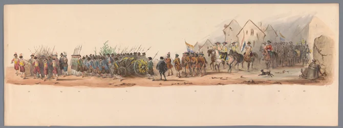 Concurso histórico por ocasião do segundo centenário da Universidade de Utrecht, 1836 (placa 10)
Procissão do exército holandês a Ostende, a 3 de Julho de 1600, no dia seguinte à vitória em Nieuwpoort; de acordo com a representação fantasiada, dada por H 
