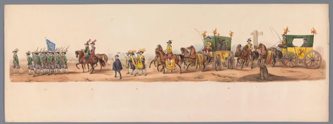 Concurso histórico no segundo centenário da Universidade de Utrecht, 1836 (placa 6)
Procissão do exército holandês a Ostende, a 3 de Julho de 1600, no dia seguinte à vitória em Nieuwpoort; de acordo com a representação fantasiada, dada por H H H Student